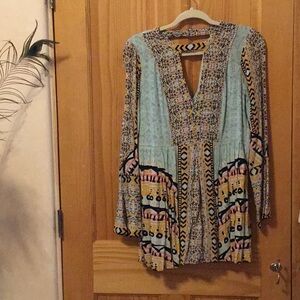 Free People Womens Sz 8 Blue Black Yellow Tegan Border Long Sleeve Mini Dress